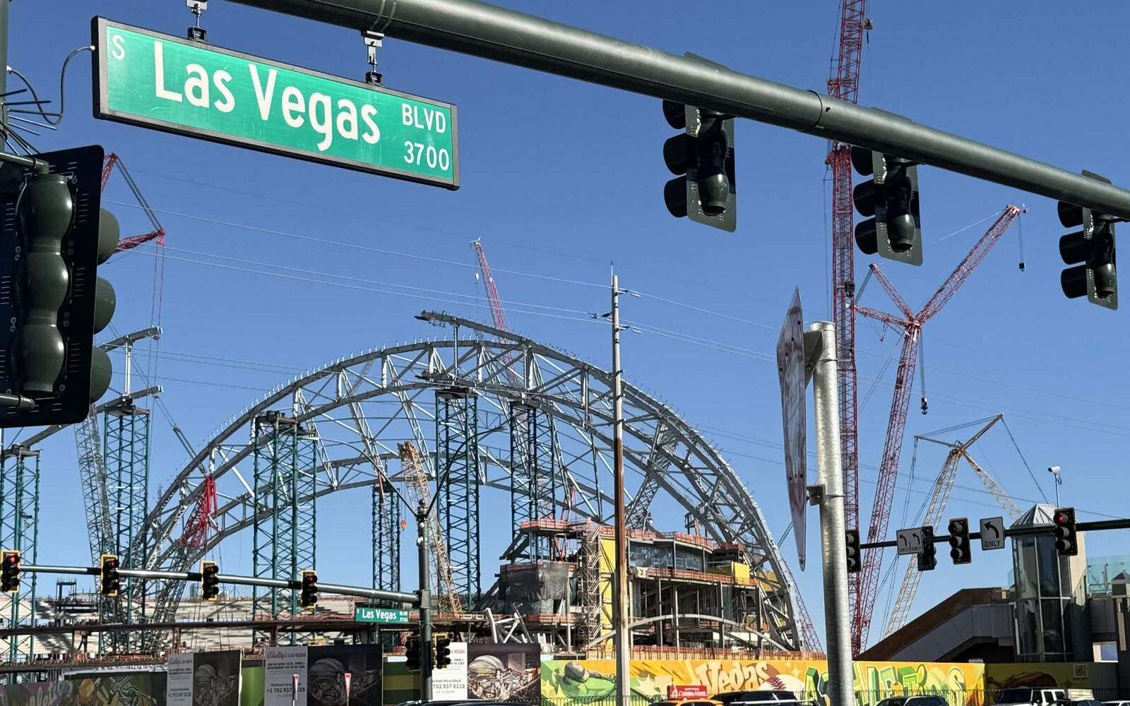 Las Vegas Blvd street sign with the Athletics ballpark construction behind it